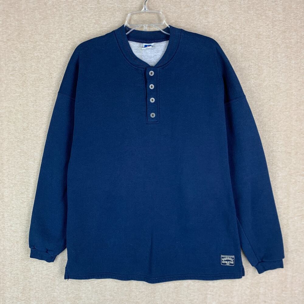 VTG Russell Athletic Henley Sweater Mens L Navy Made In USA Pullover Sweatshirt